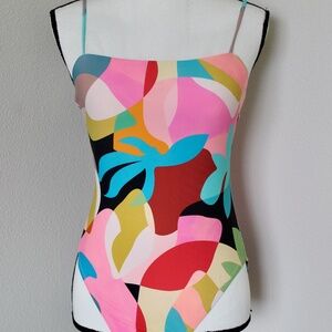 Bright Multi-Colored Abstract Print Spaghetti Stap Onepiece Swimsuit
